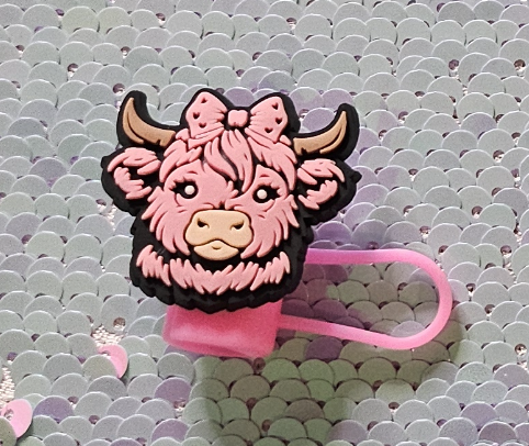 Pink highland cow straw topper